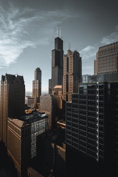 Elevated view of Chicago's modern skyline with the iconic Willis Tower.